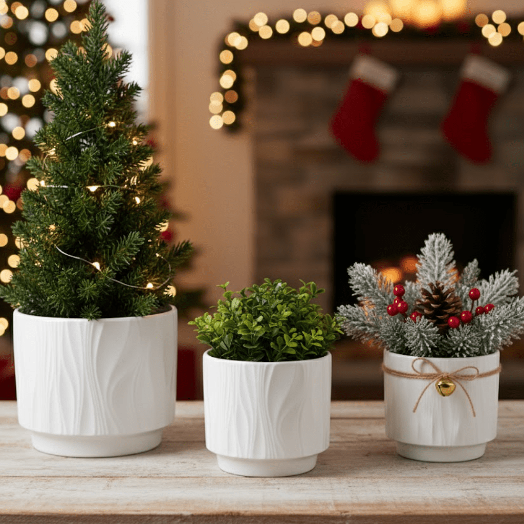3 - Piece White Stoneware Planter Pot Set with Embossed Texture - HearthHub