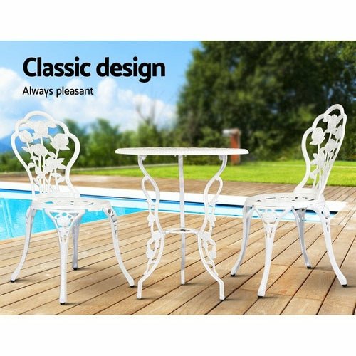 Gardeon Outdoor Furniture Chairs Table 3pc Aluminium Bistro White - HearthHub