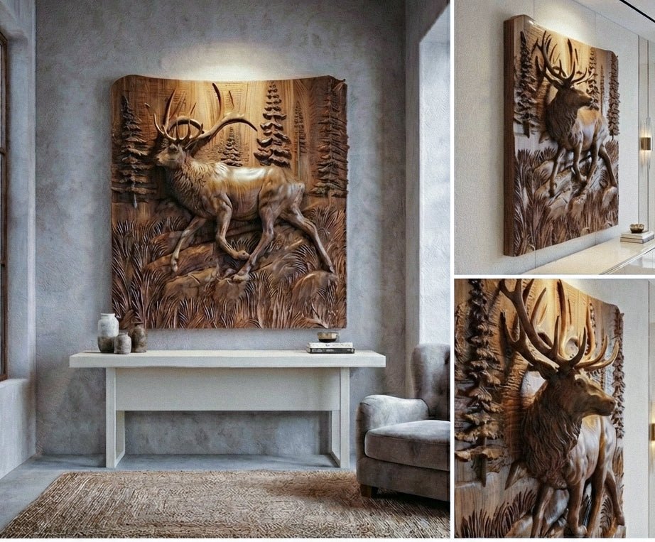 Wooden Deer - Elk 3D Wood Relief Wall Art - HearthHub