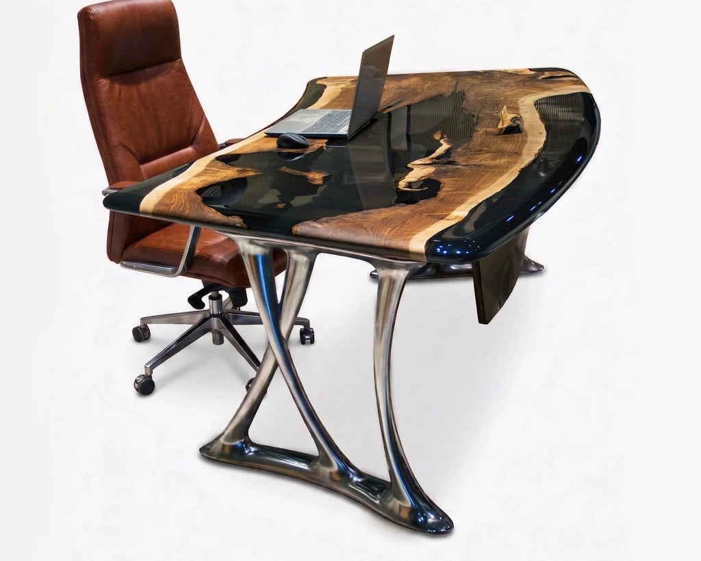 Luxury D - Shaped Walnut & Epoxy Executive Desk - HearthHub