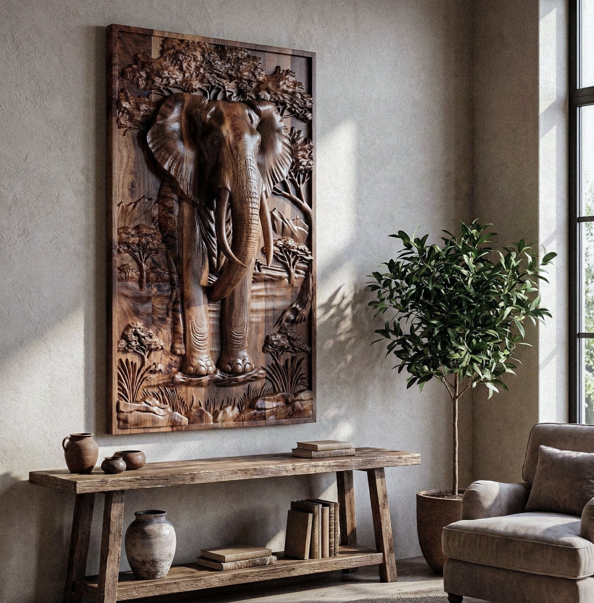 Majestic African Elephant 3D Relief Wood Wall Art - HearthHub