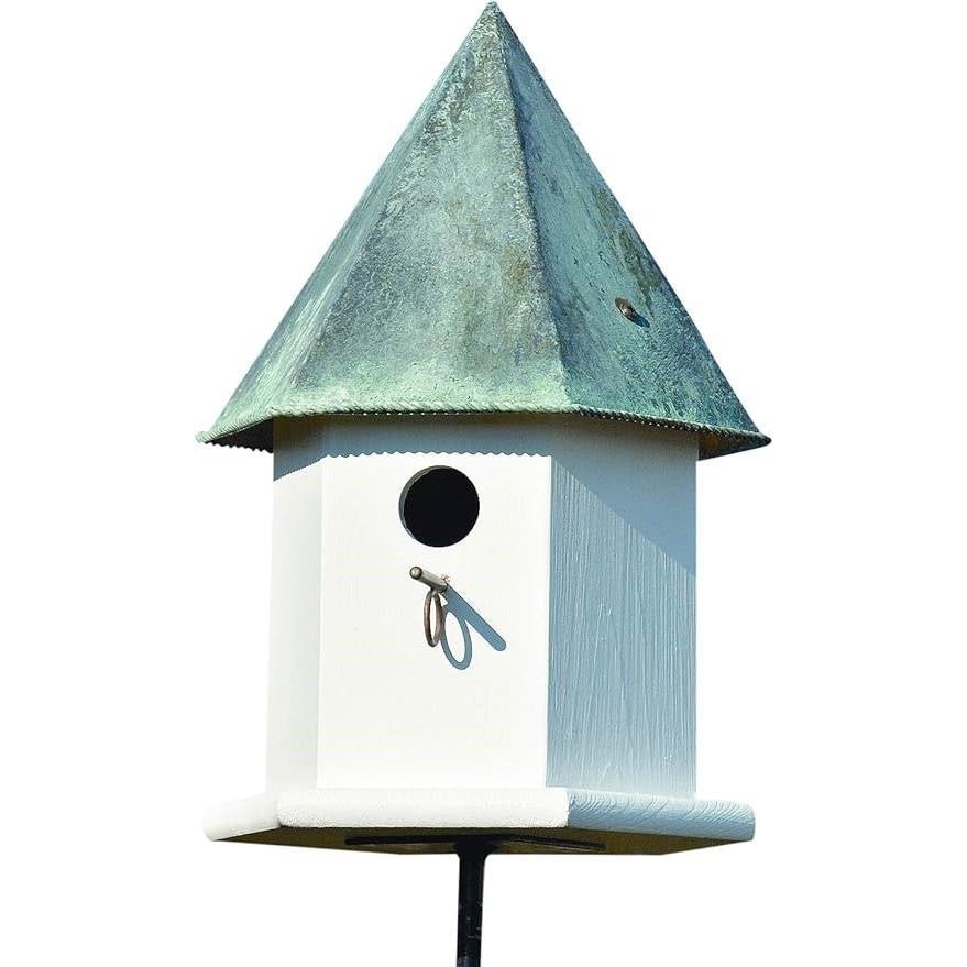 White Octagonal Bird House with Verdigris Copper Roof - Made in USA - HearthHub