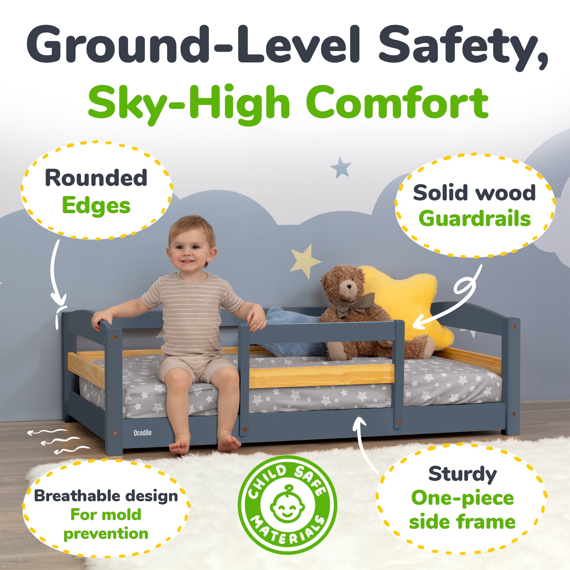 Crib Size Wooden Floor Bed Frame with Rails for Toddlers Age 1–3 - HearthHub