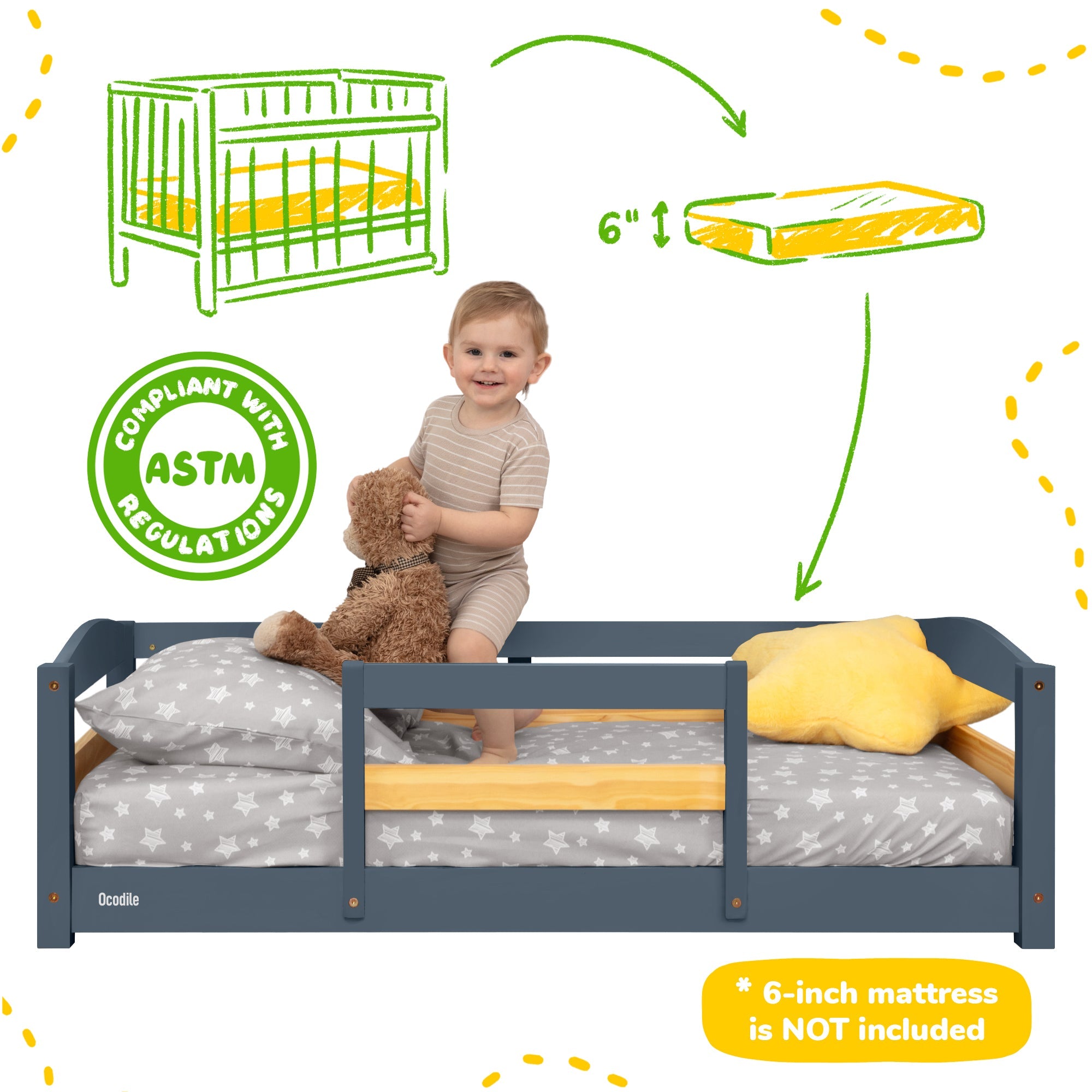Crib Size Wooden Floor Bed Frame with Rails for Toddlers Age 1–3 - HearthHub