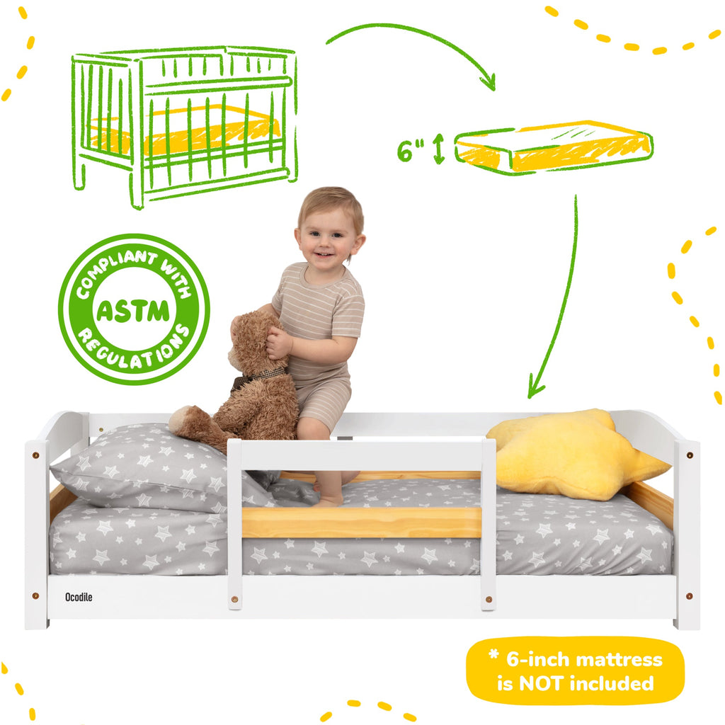 Crib Size Wooden Floor Bed Frame with Rails for Toddlers Age 1–3 - HearthHub