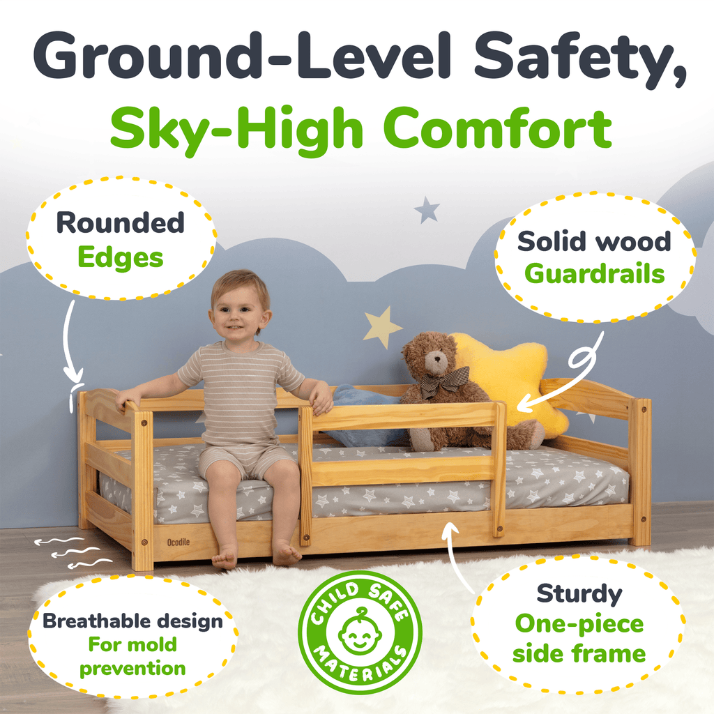 Crib Size Wooden Floor Bed Frame with Rails for Toddlers Age 1–3 - HearthHub