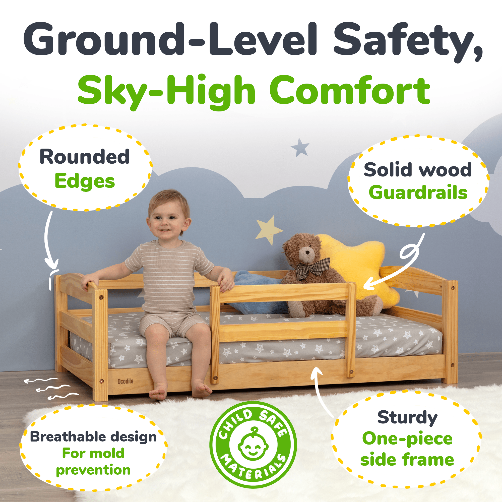 Crib Size Wooden Floor Bed Frame with Rails for Toddlers Age 1–3 - HearthHub