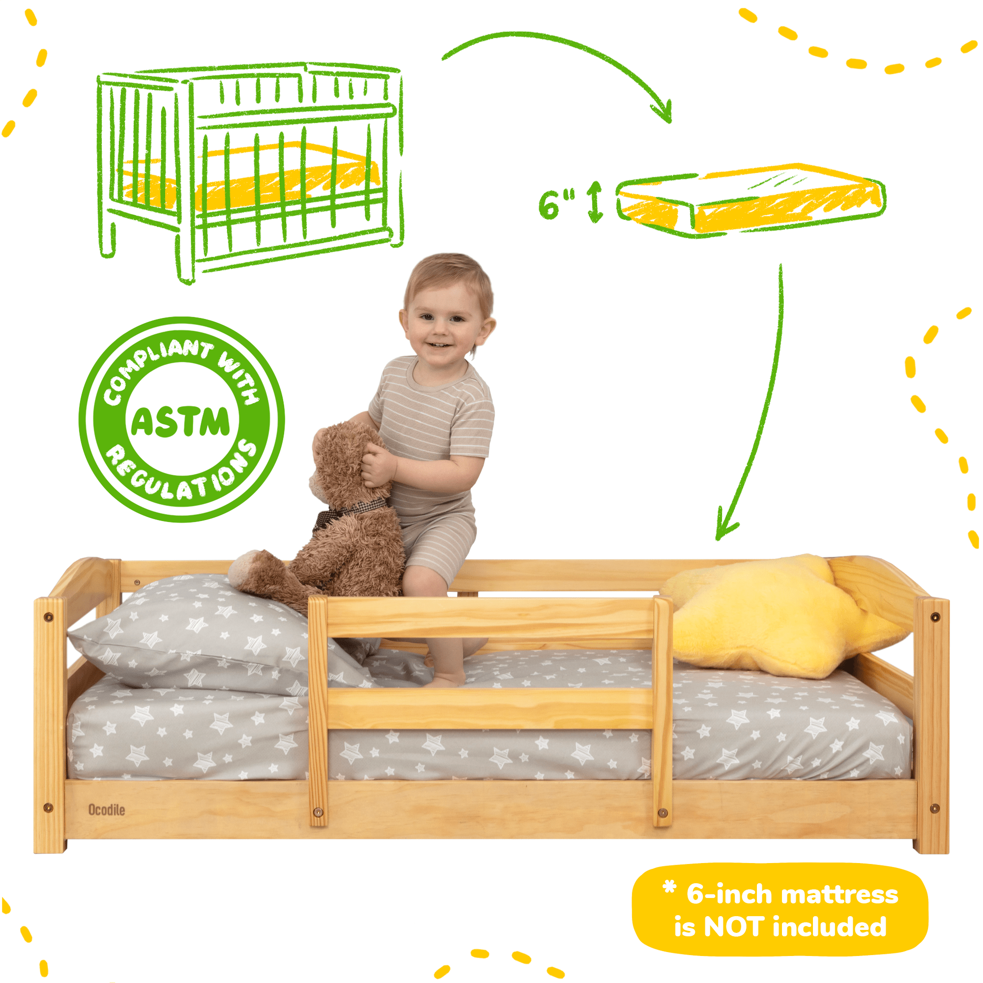 Crib Size Wooden Floor Bed Frame with Rails for Toddlers Age 1–3 - HearthHub