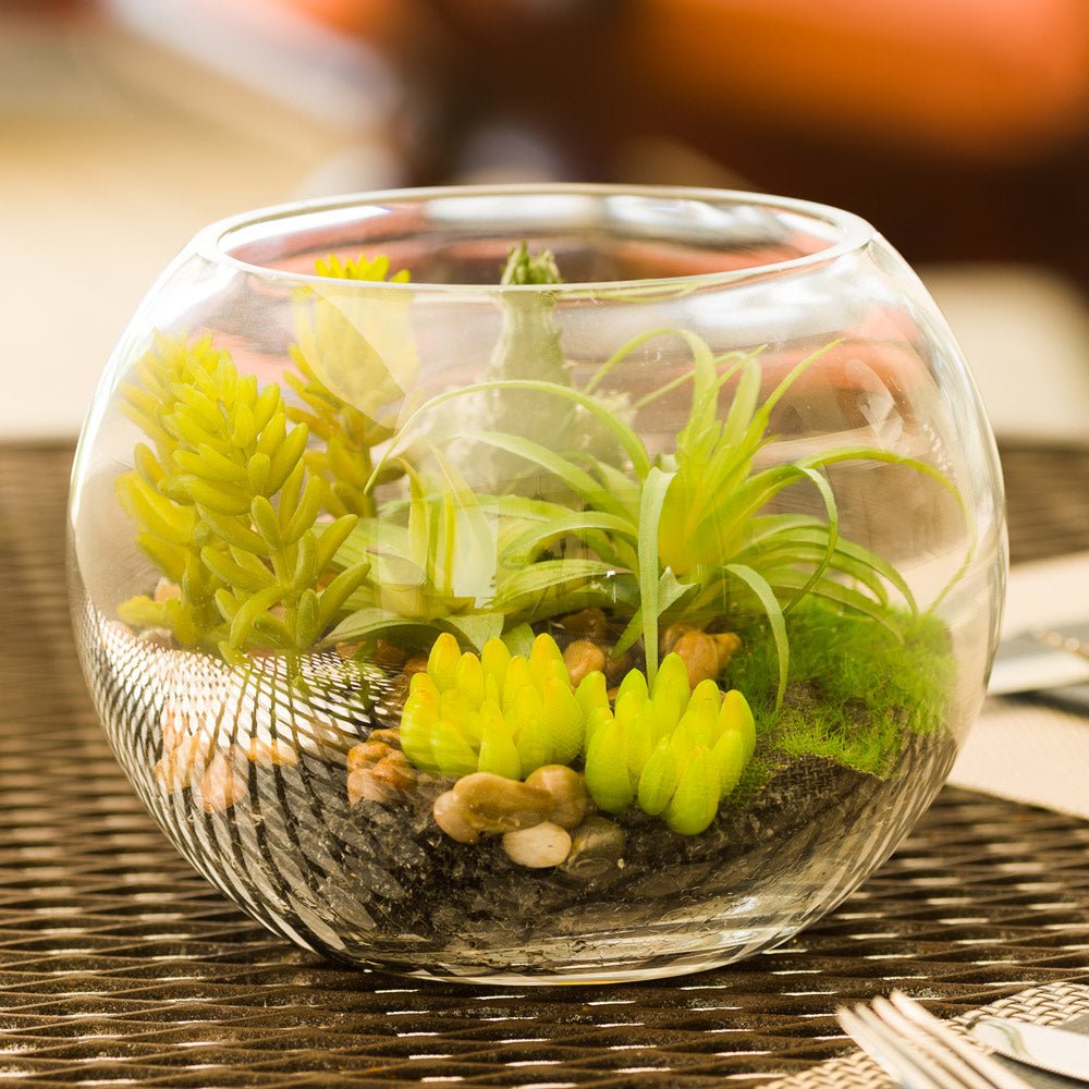 Plastic Table Art Faux Succulent Arrangement - Fishbowl Glass Terrarium - 7" x 7" x 5 1/2" - 1 count box - HearthHub
