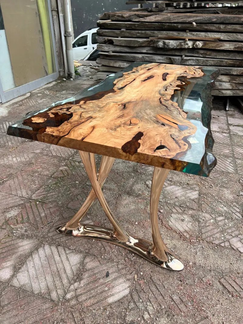 Natural Epoxy Side Dining Table Made Of Linden Wood | Aluminum Legs Featured - HearthHub