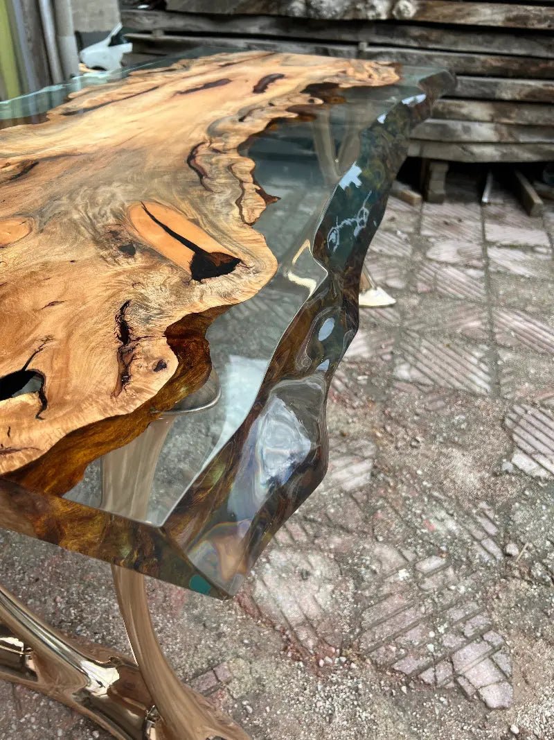 Natural Epoxy Side Dining Table Made Of Linden Wood | Aluminum Legs Featured - HearthHub