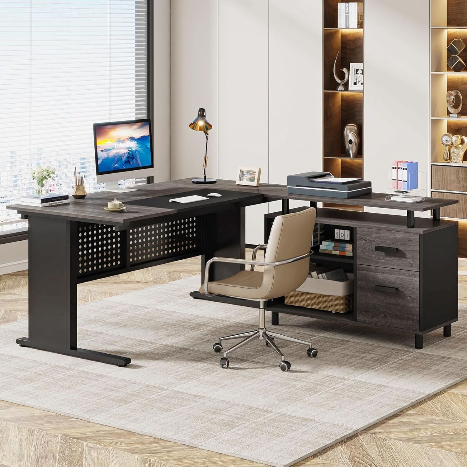 63 Inch Executive Desk With Integrated Cabinet Gray - HearthHub