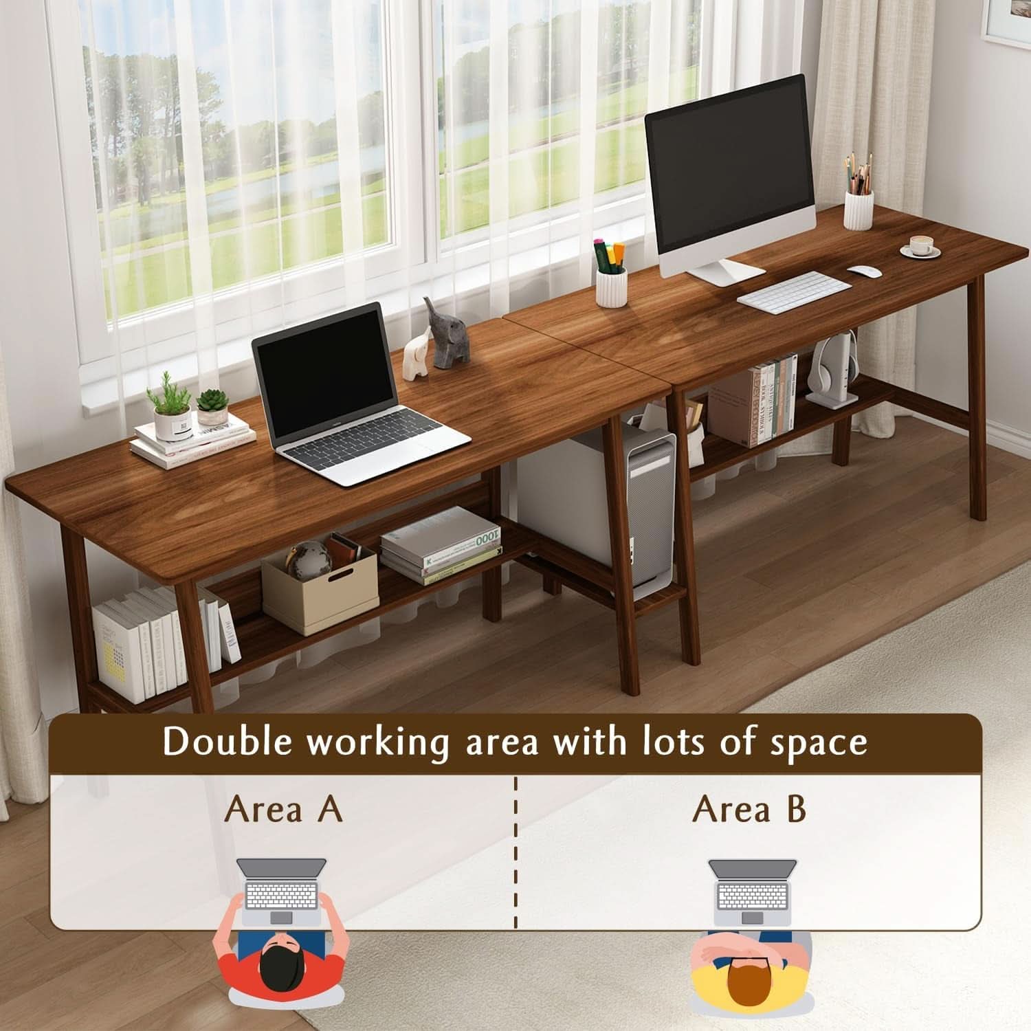 Two Person Desk Walnut 79 Inch Extended Workstation Shelves - HearthHub