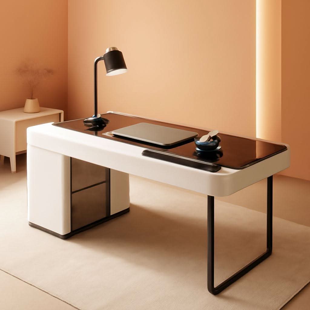 Ivory 50 Inch Office Computer Desk With Cabinet LED lights - HearthHub