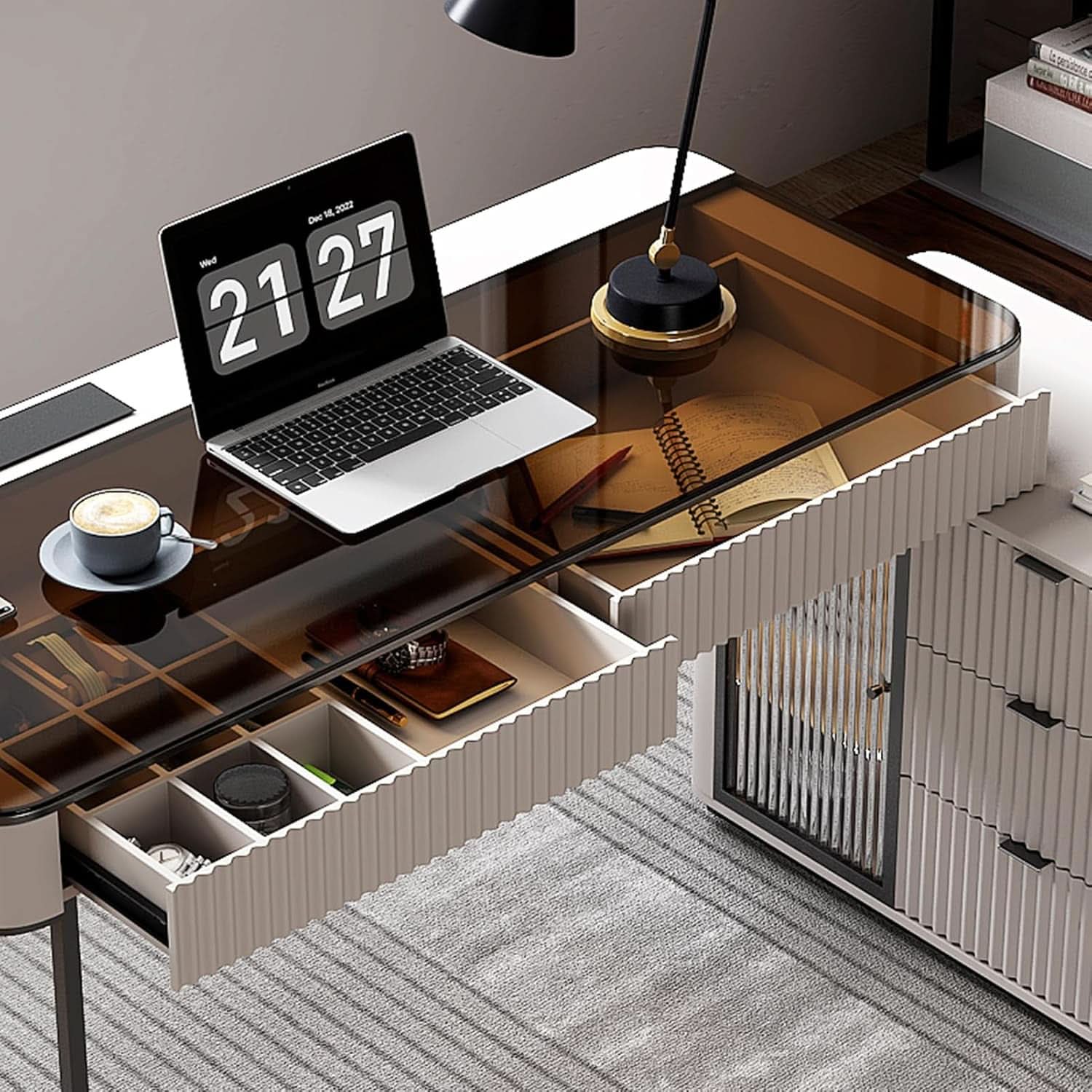 Ivory 50 Inch Office Computer Desk With Cabinet LED lights - HearthHub