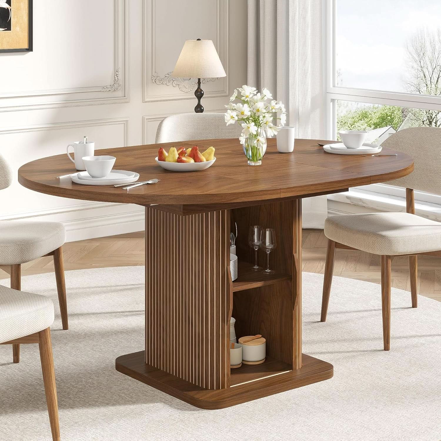 Extendable Round Dining Table 59 Inch Walnut Modern - HearthHub