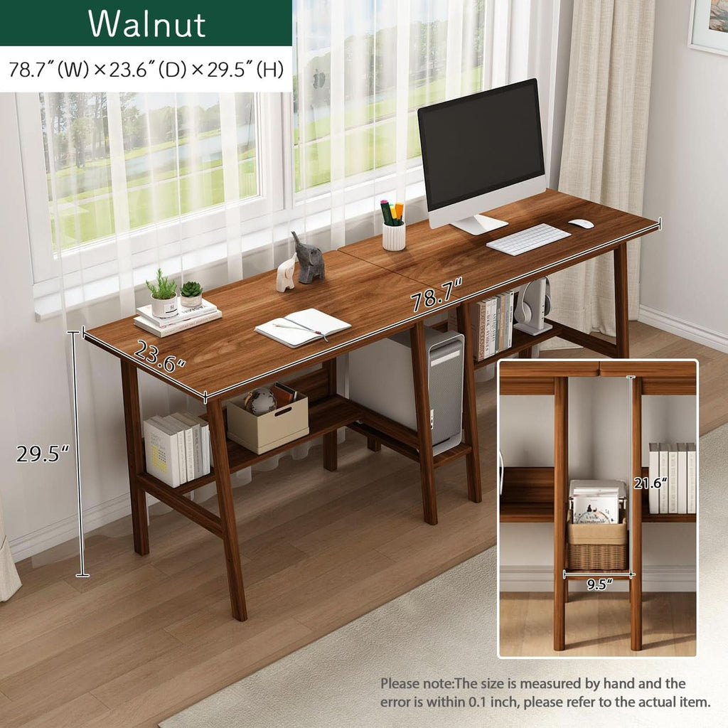 Two Person Desk Walnut 79 Inch Extended Workstation Shelves - HearthHub