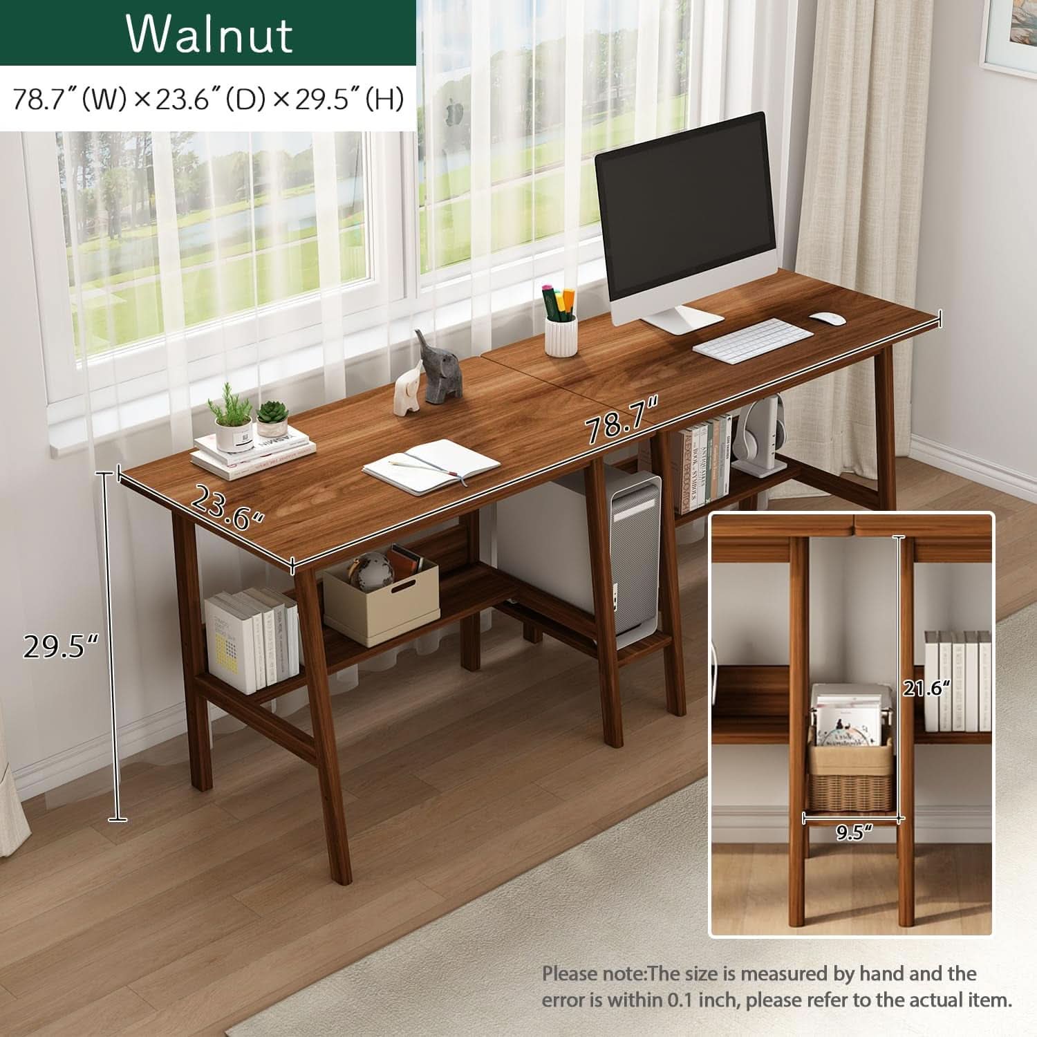 Two Person Desk Walnut 79 Inch Extended Workstation Shelves - HearthHub