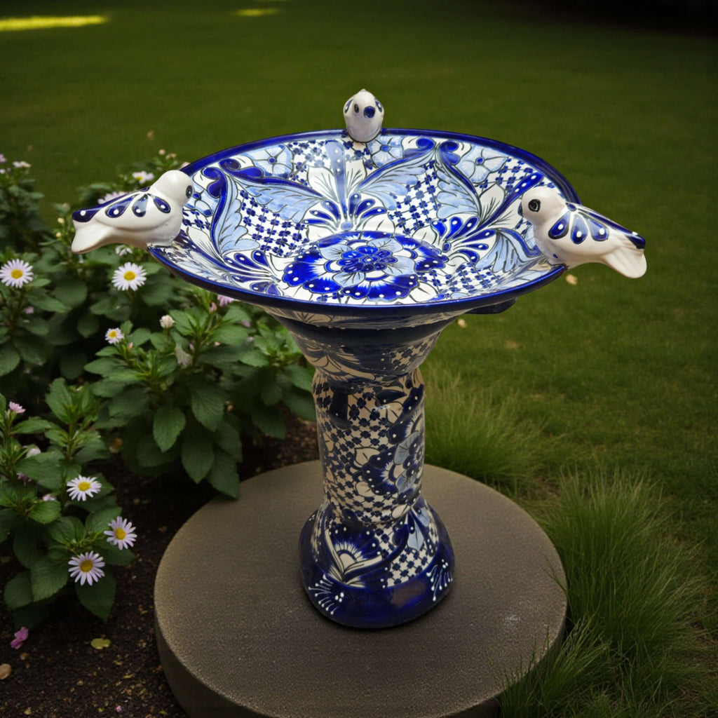 Blue & White Talavera Bird Bath with Rim Birds - HearthHub
