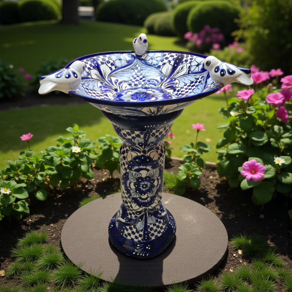 Blue & White Talavera Bird Bath with Rim Birds - HearthHub