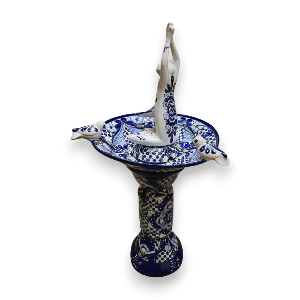 Blue & White Talavera Frog Fountain with Rim Birds | Mexican Garden - HearthHub