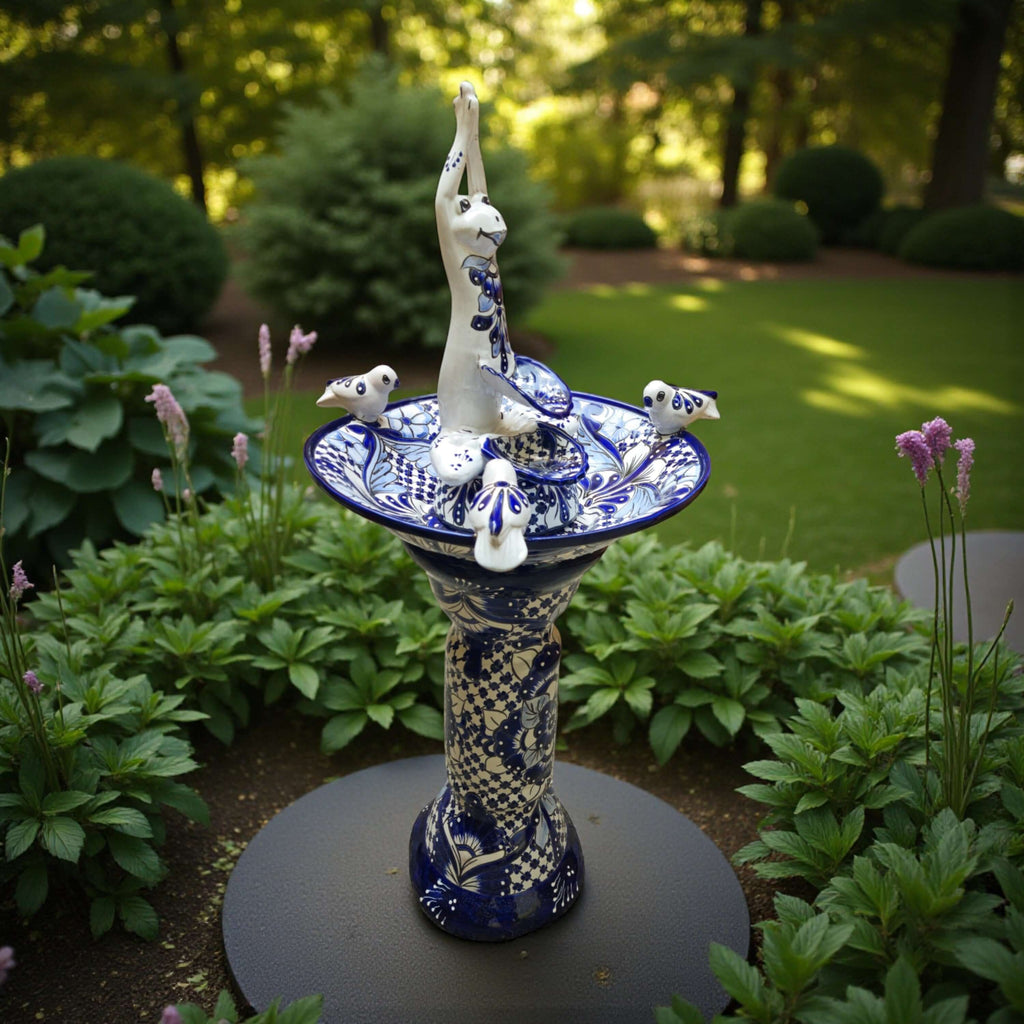 Blue & White Talavera Frog Fountain with Rim Birds | Mexican Garden - HearthHub