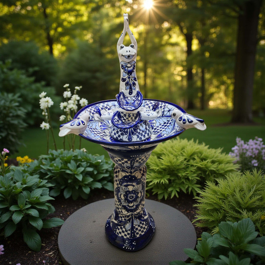 Blue & White Talavera Frog Fountain with Rim Birds | Mexican Garden - HearthHub