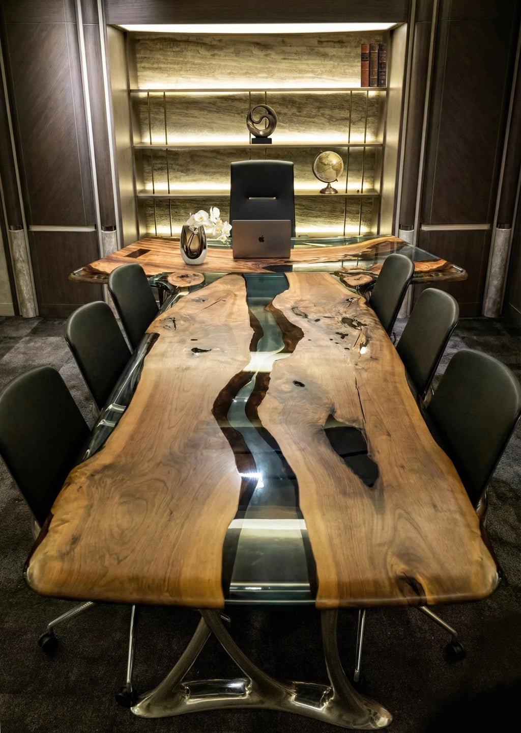 Luxury D - Shaped Walnut & Epoxy Executive Desk - HearthHub