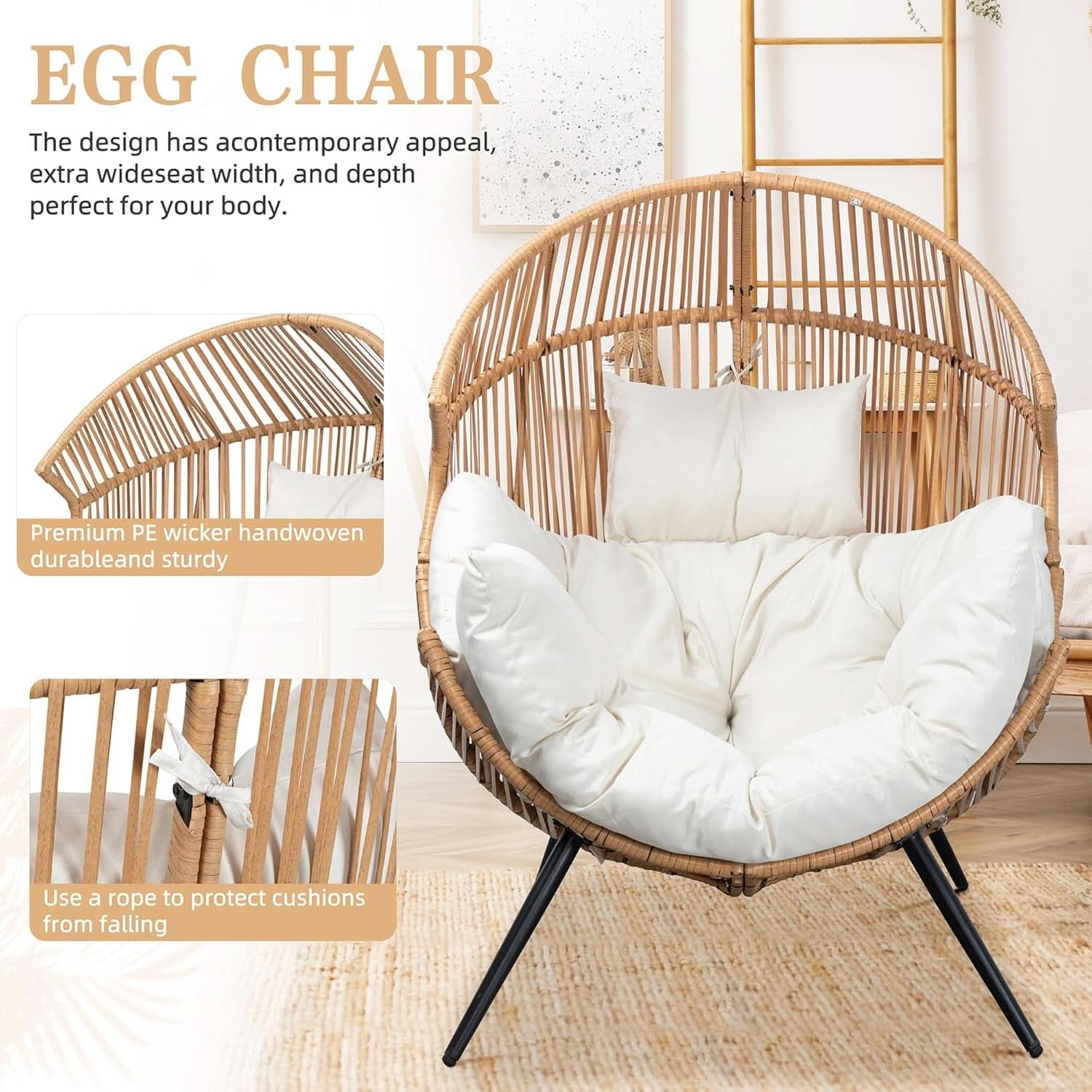 Beige Wicker Egg Chair With Cushion Outdoor Lounge - HearthHub