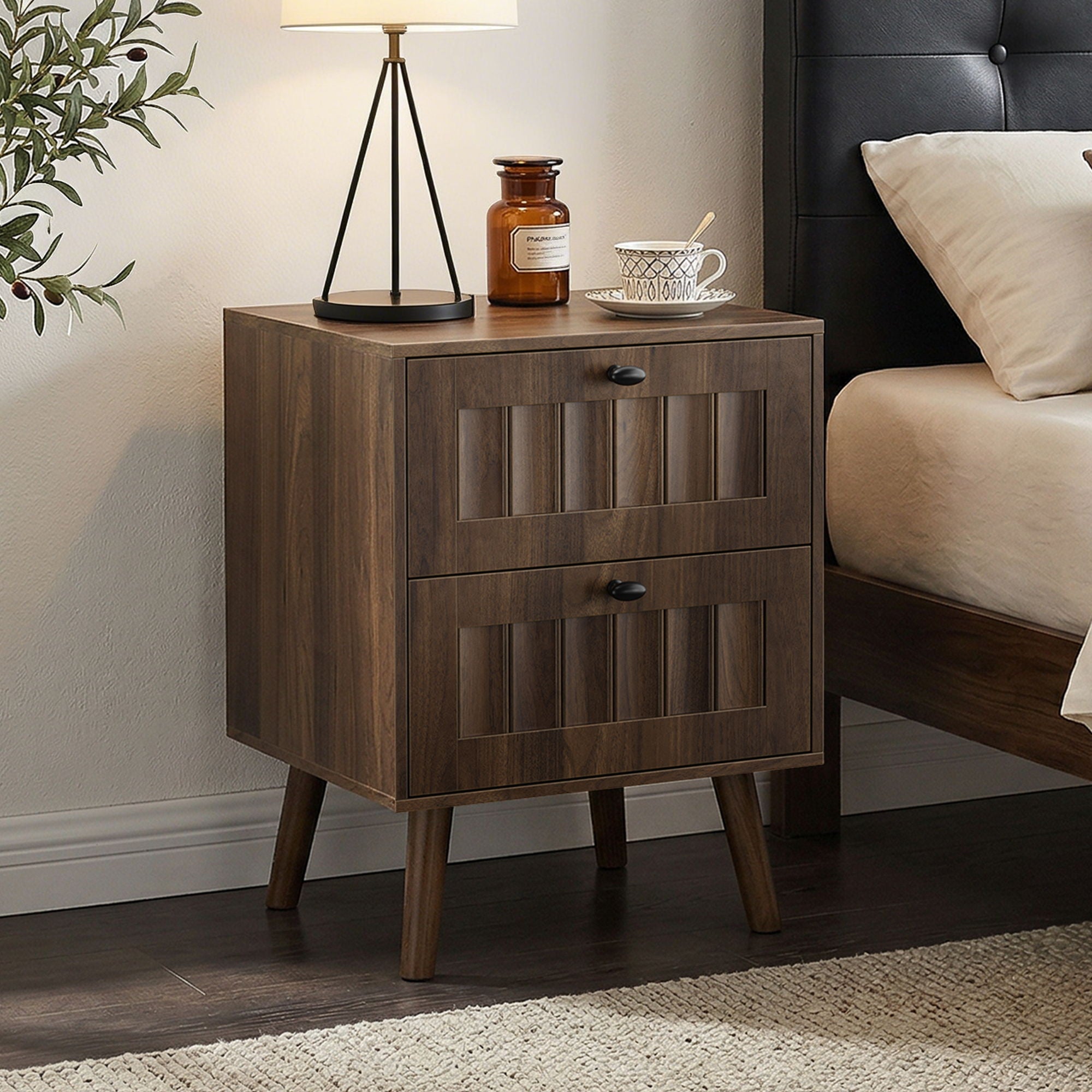 Double Drawer Bedside Table (Set of 2) - Walnut - HearthHub