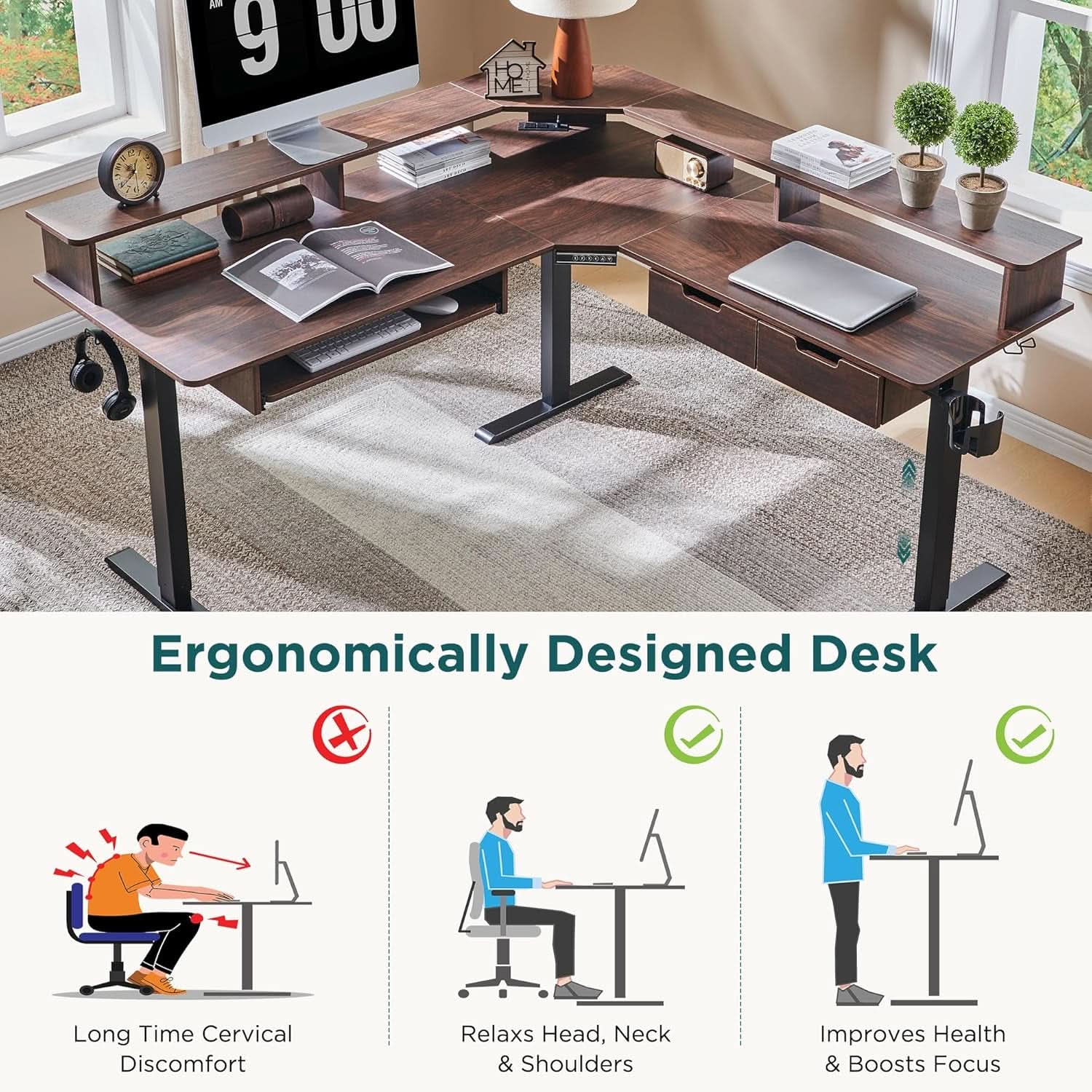 60 Inch Elevated Electric Standing Desk Dark Walnut - HearthHub