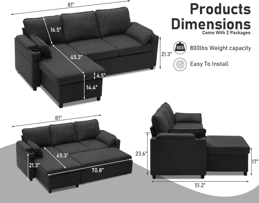 Convertible Sofa Bed with Storage and Cup Holder - HearthHub