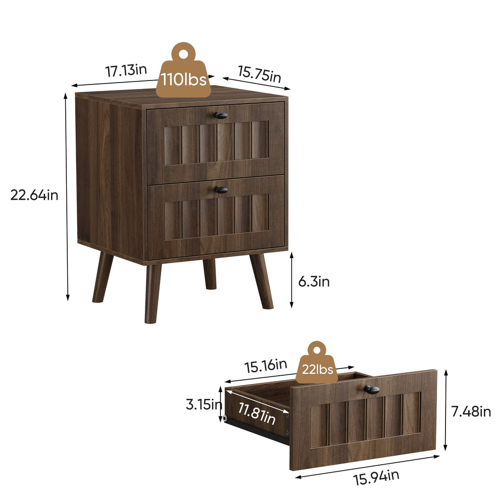 Double Drawer Bedside Table (Set of 2) - Walnut - HearthHub