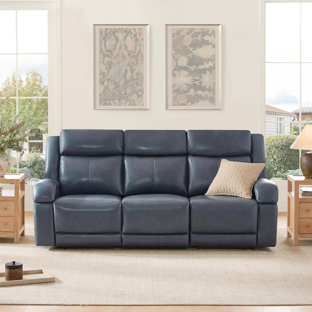Navy Genuine Leather Power Recliner Sofa With USB Type C - HearthHub