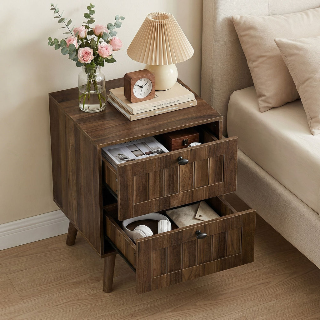 Double Drawer Bedside Table (Set of 2) - Walnut - HearthHub
