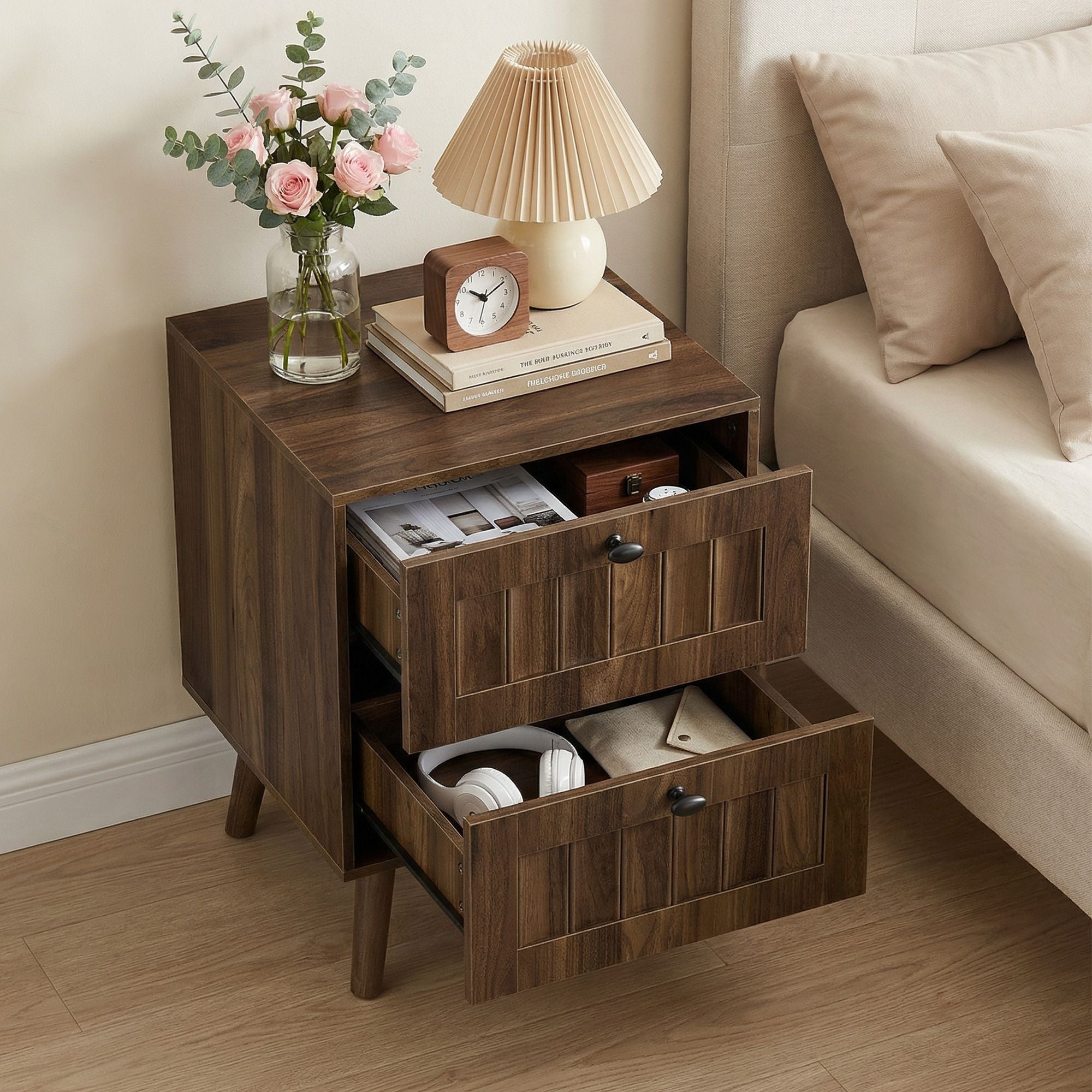 Double Drawer Bedside Table (Set of 2) - Walnut - HearthHub