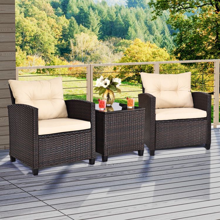 3 Pieces Patio Rattan Furniture Set with 4 Removable Cushions - HearthHub