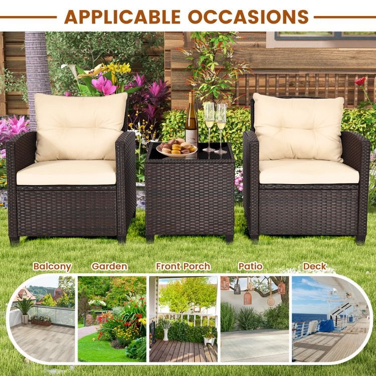 3 Pieces Patio Rattan Furniture Set with 4 Removable Cushions - HearthHub
