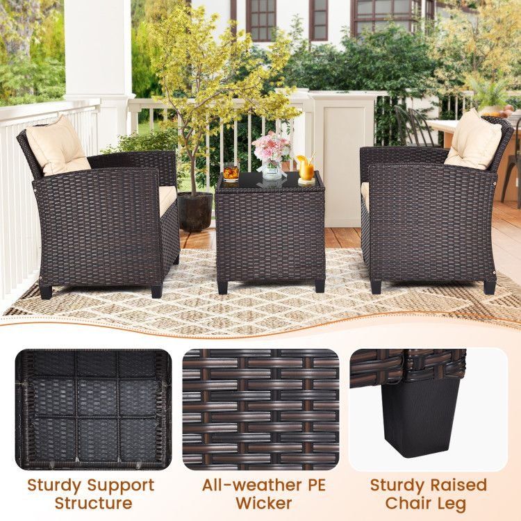 3 Pieces Patio Rattan Furniture Set with 4 Removable Cushions - HearthHub
