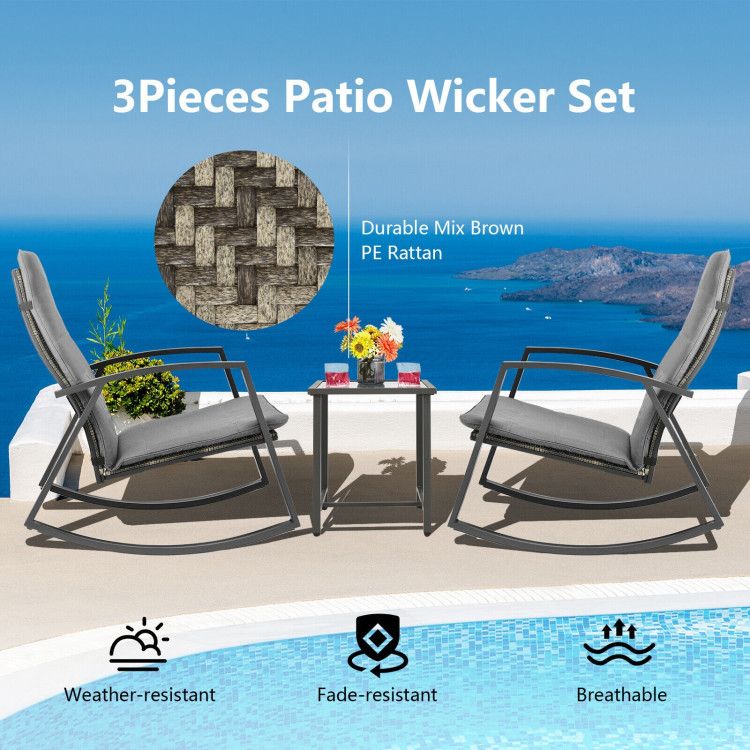 3 Pieces Patio Rattan Rocking Furniture Set - HearthHub