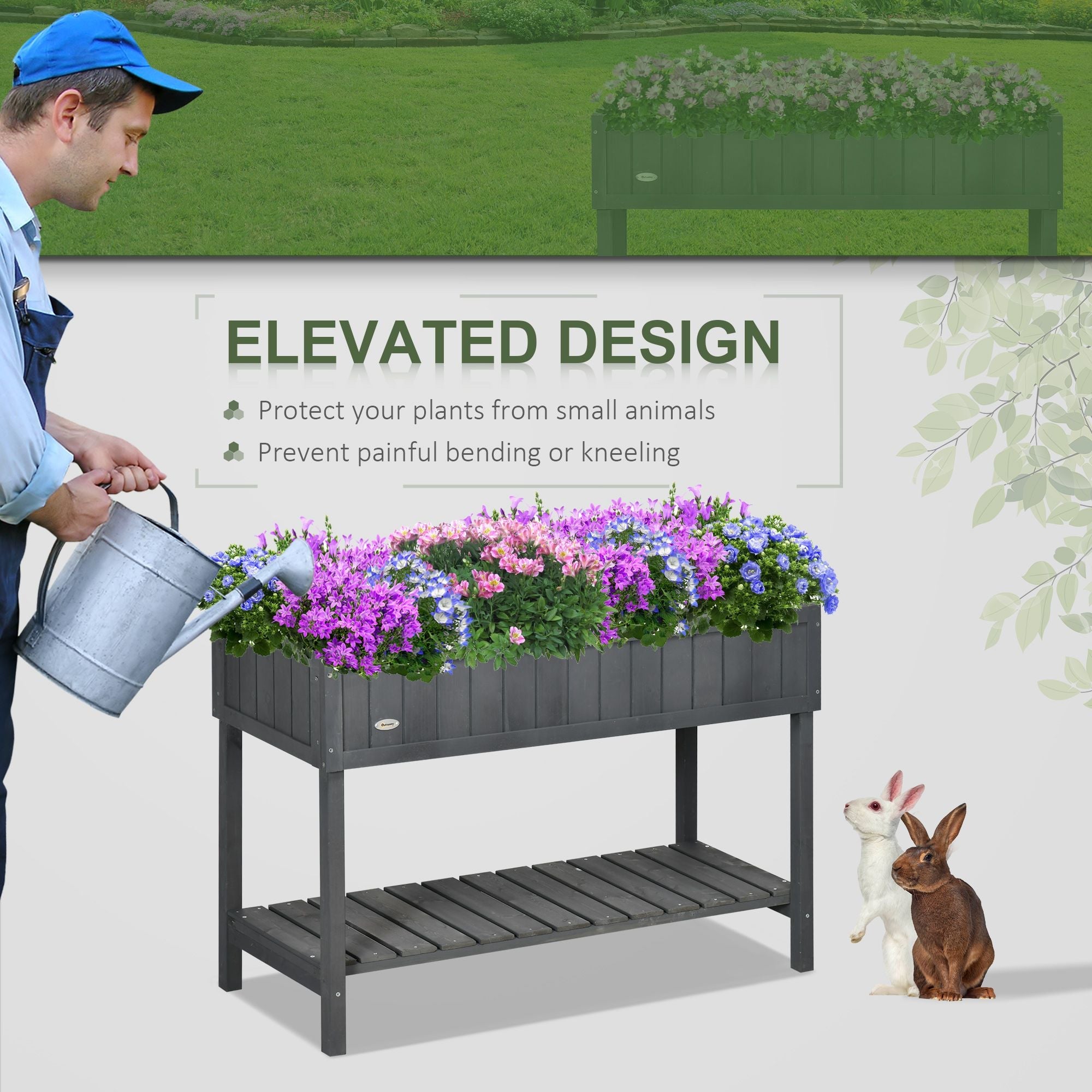 Elevated Planter Box Stand Wooden with 8 Slots and Shelf Dark Grey for Herbs Veggies Flowers - HearthHub
