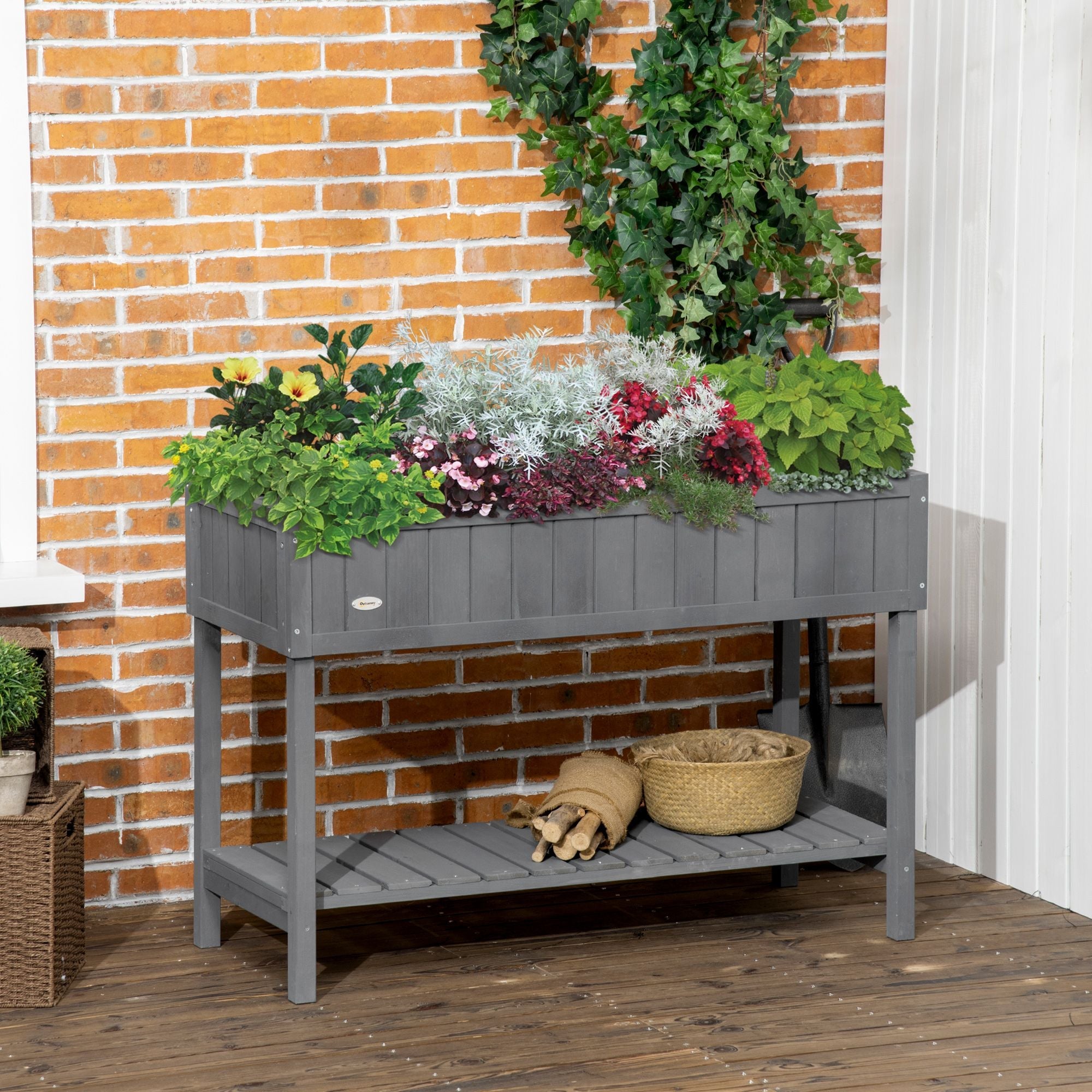 Elevated Planter Box Stand Wooden with 8 Slots and Shelf Dark Grey for Herbs Veggies Flowers - HearthHub