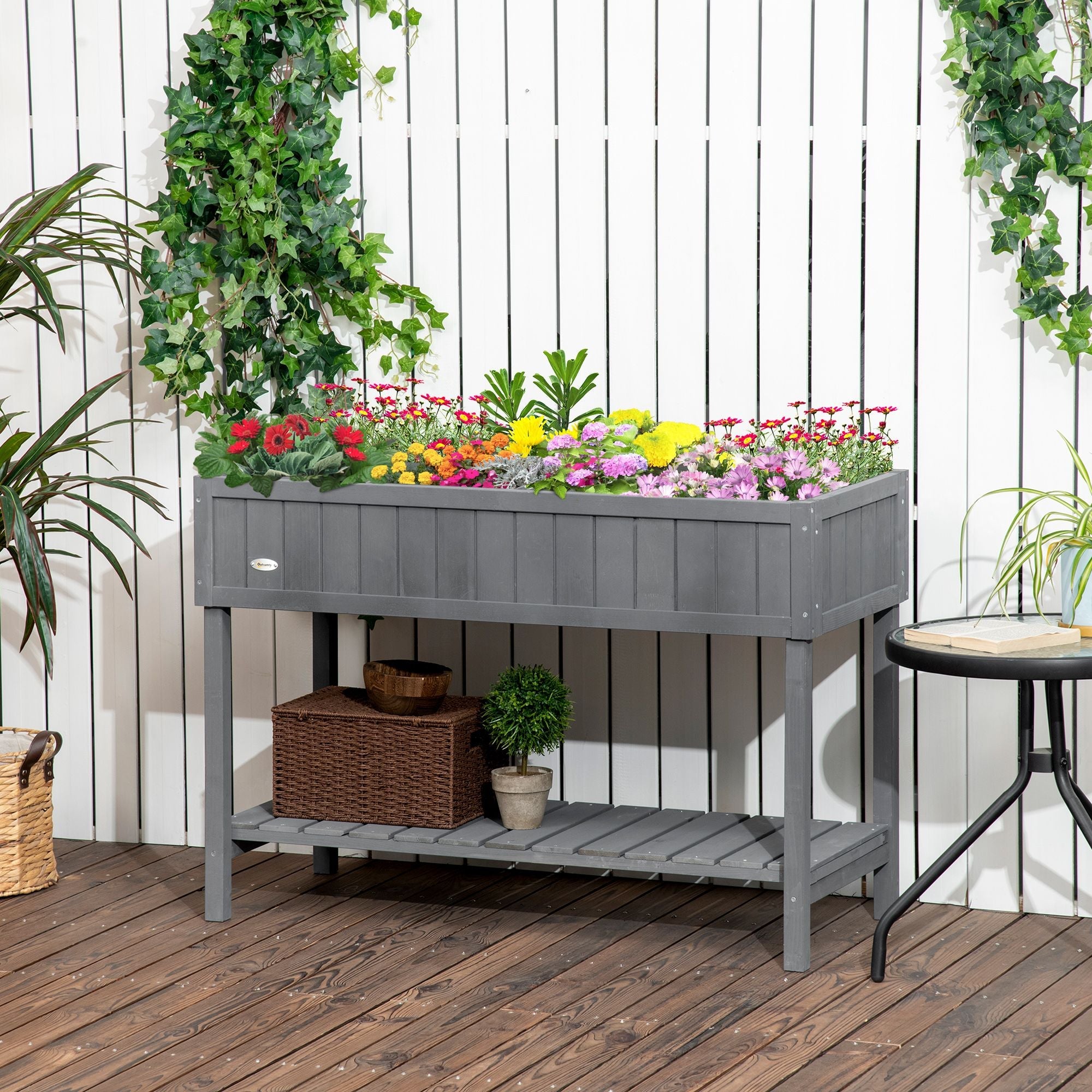 Elevated Planter Box Stand Wooden with 8 Slots and Shelf Dark Grey for Herbs Veggies Flowers - HearthHub