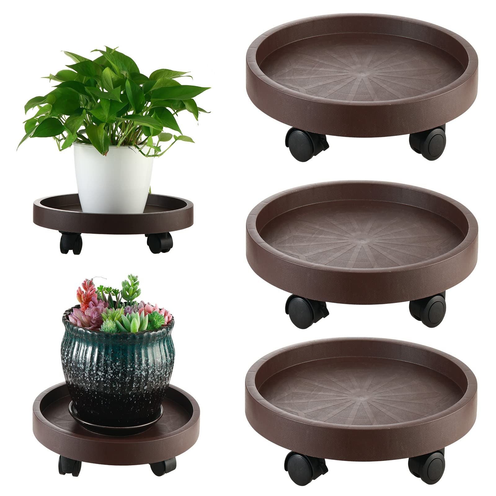 8 Pack Plant Caddy with Wheels Heavy Duty 12.2 Inch Plant Dolly with Locking Casters Rolling Plant Stand for Indoor Outdoor, Brown - HearthHub