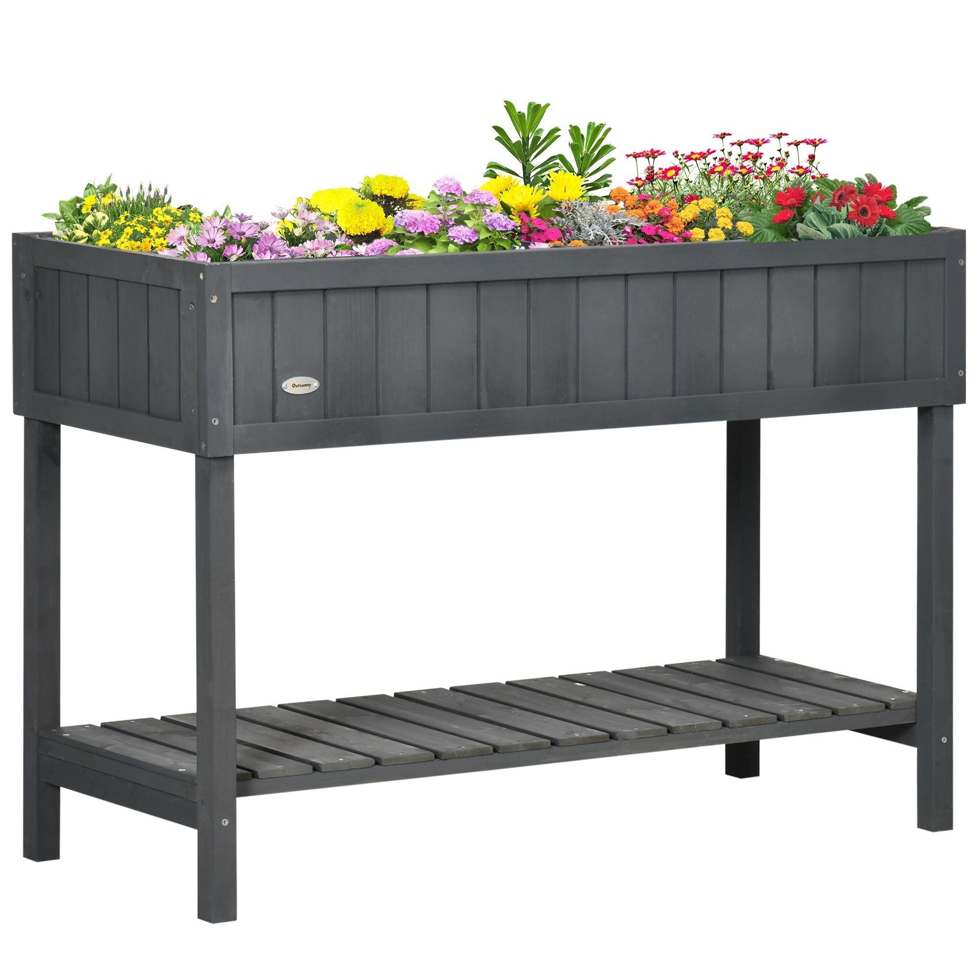 Elevated Planter Box Stand Wooden with 8 Slots and Shelf Dark Grey for Herbs Veggies Flowers - HearthHub