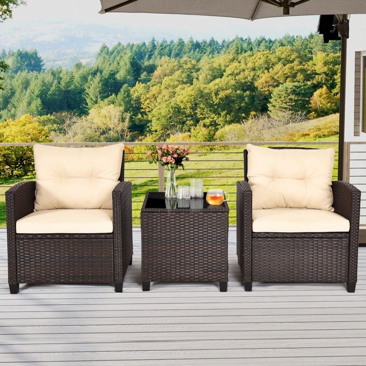 3 Pieces Patio Rattan Furniture Set with 4 Removable Cushions - HearthHub