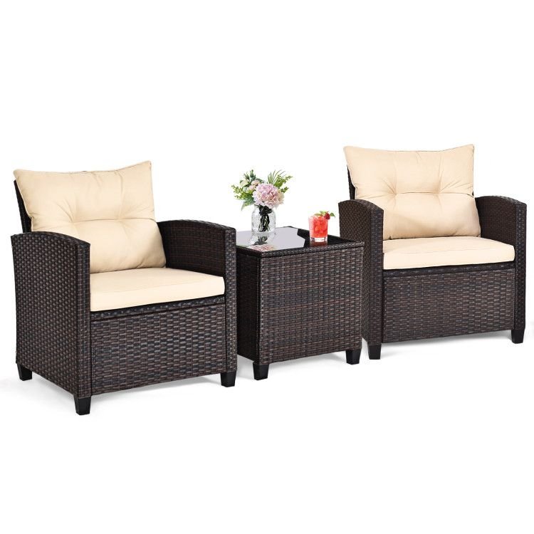 3 Pieces Patio Rattan Furniture Set with 4 Removable Cushions - HearthHub