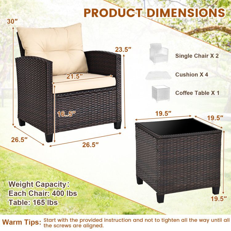 3 Pieces Patio Rattan Furniture Set with 4 Removable Cushions - HearthHub