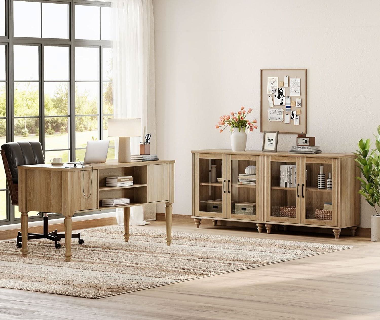Distressed Oak Farmhouse Executive Desk Glass Cabinet - HearthHub