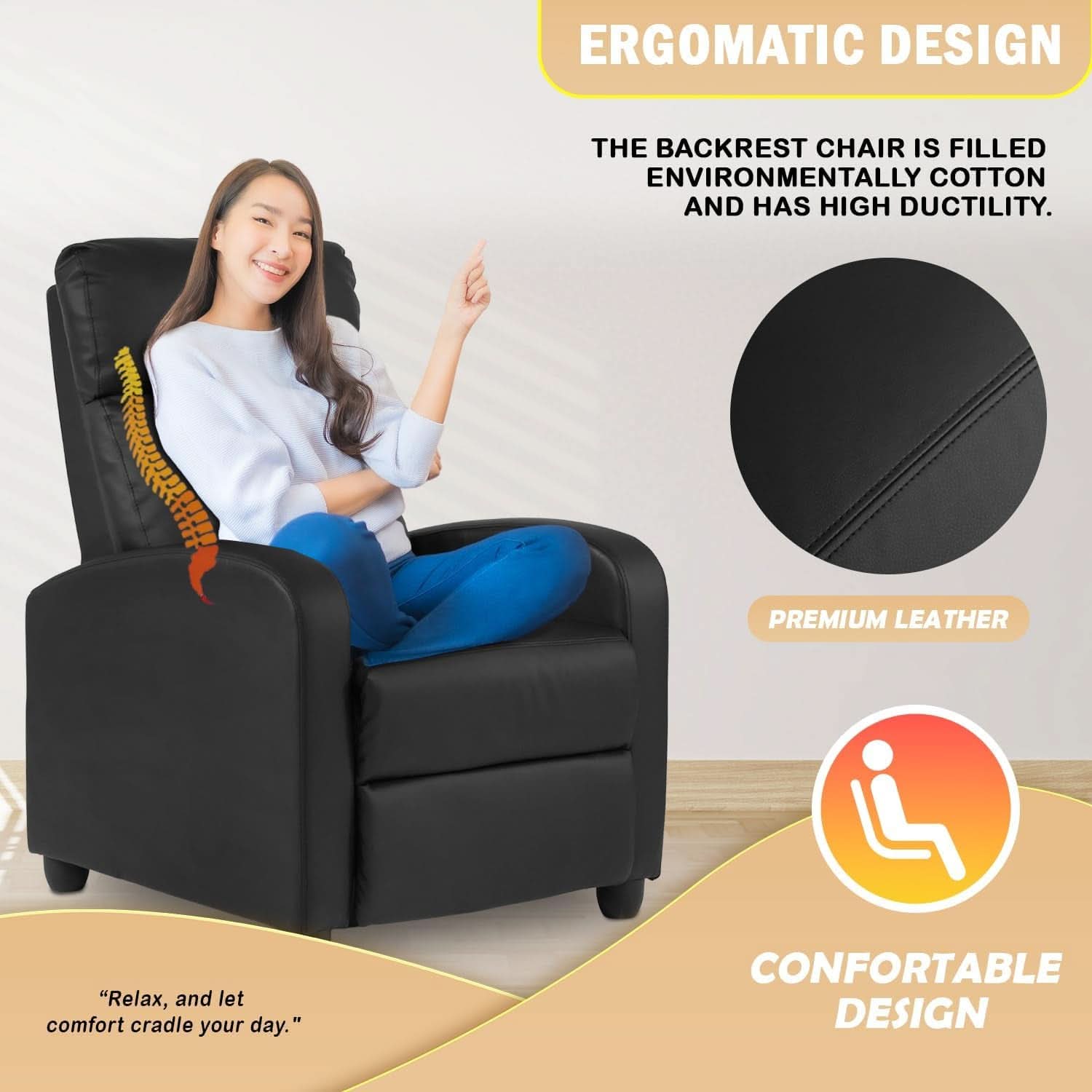 Black Leather Recliner Chair With Lumbar Support For Living Room - HearthHub